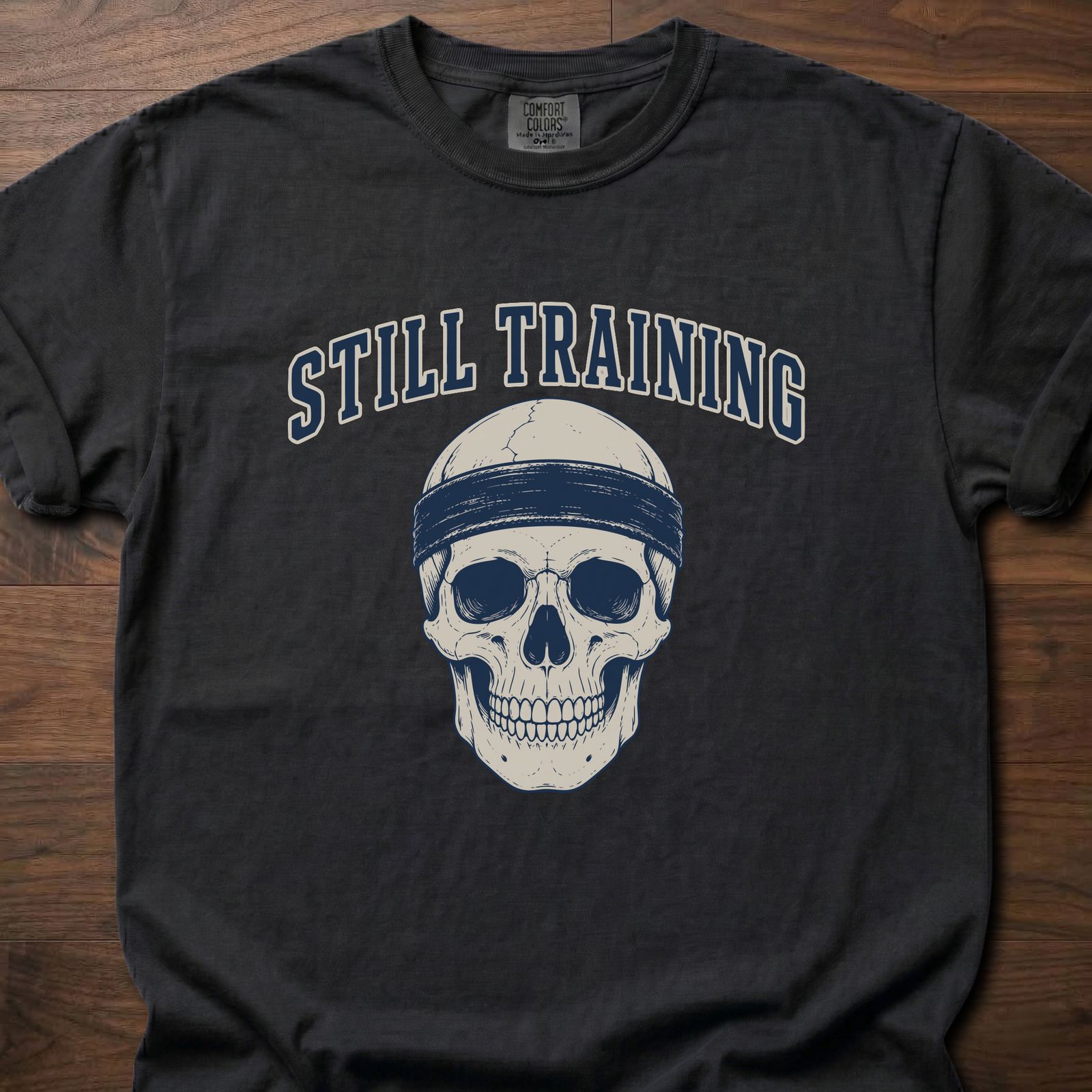Still Training Skull fitness lifestyle t shirt featuring skull with headband graphic – Black