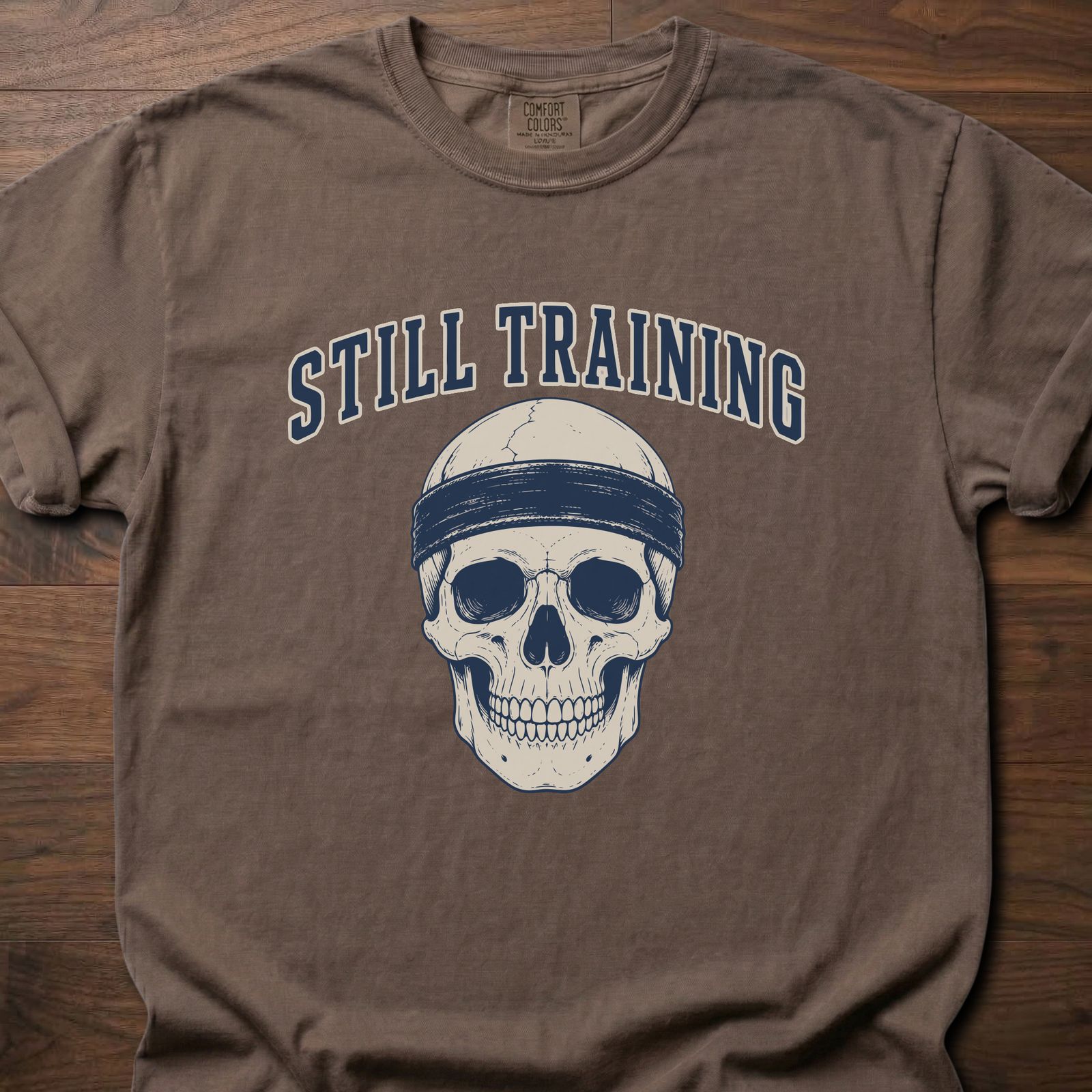 Still Training Skull fitness lifestyle t shirt featuring skull with headband graphic – Espresso
