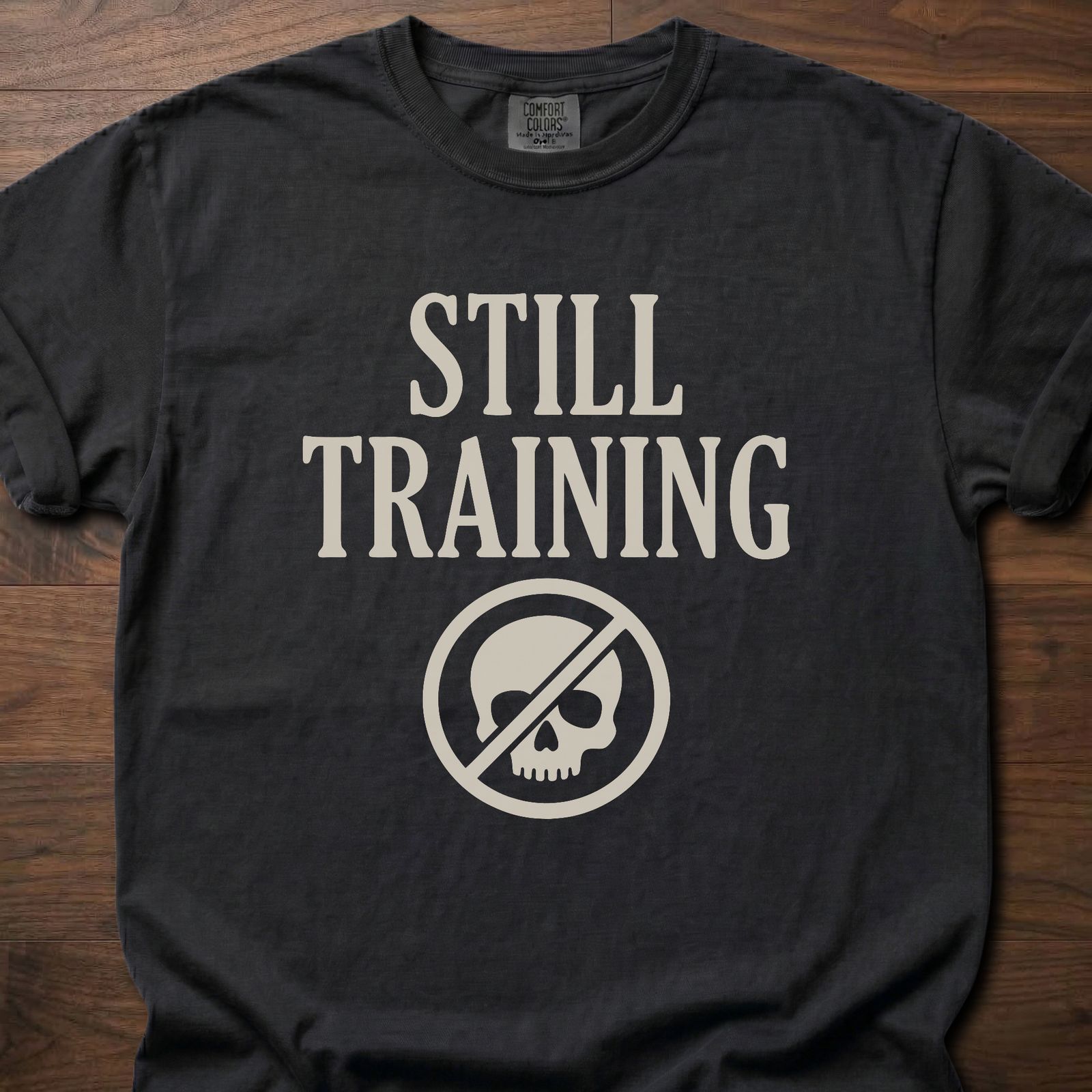 Still Training longevity fitness apparel t-shirt with crossed-out skull logo design – Black