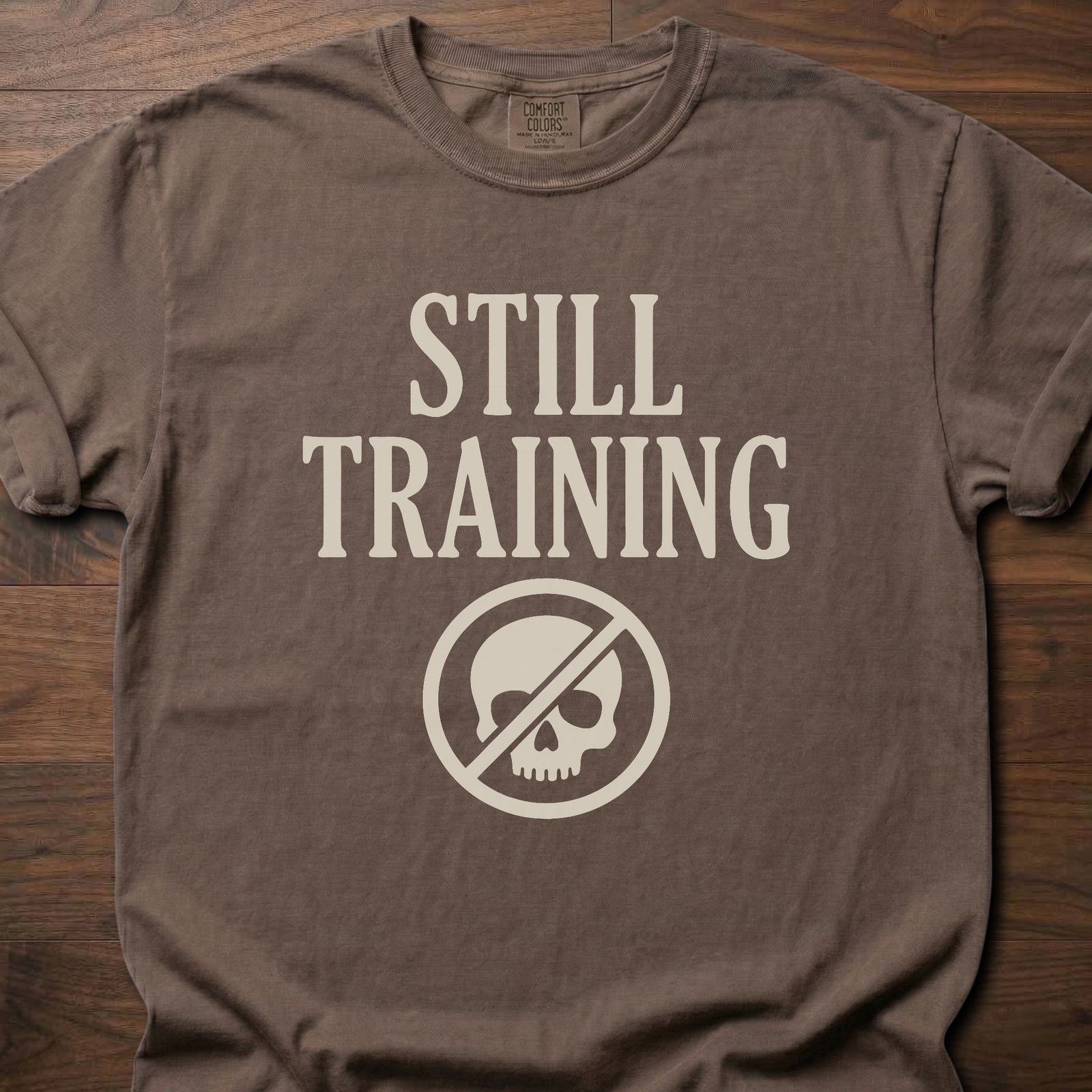Still Training longevity fitness apparel t-shirt with crossed-out skull logo design – Espresso