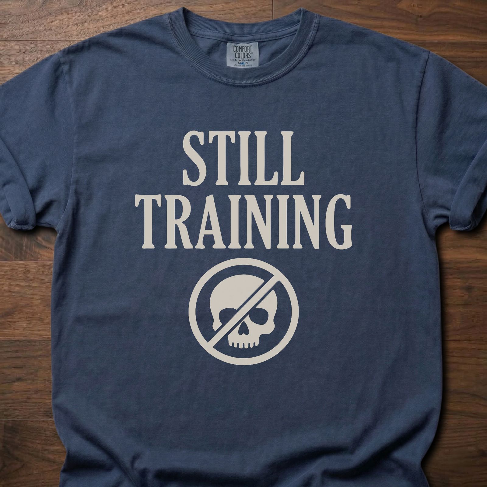 Still Training longevity fitness apparel t-shirt with crossed-out skull logo design – Navy