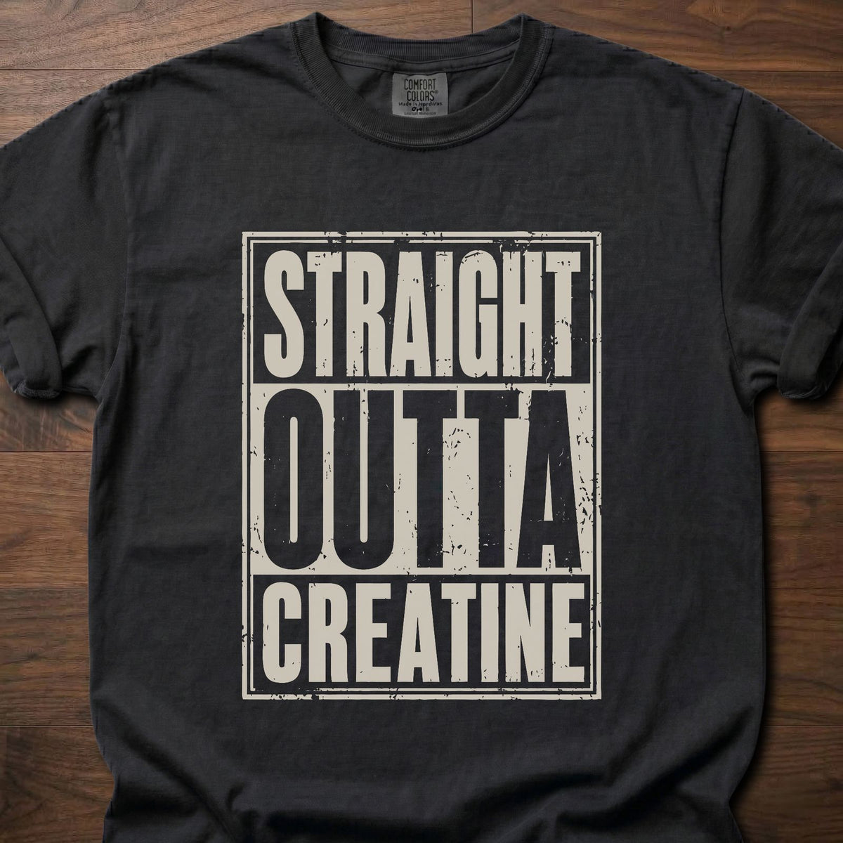 Straight Outta Creatine strength training t-shirt with bold distressed block letter graphic – Black