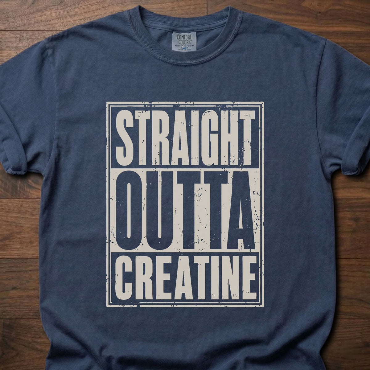 Straight Outta Creatine strength training t-shirt with bold distressed block letter graphic – Navy