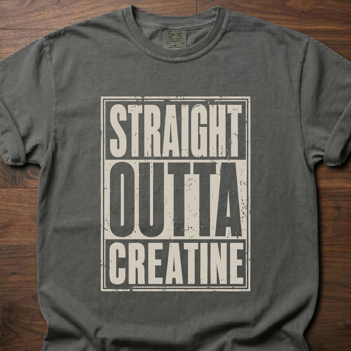 Straight Outta Creatine strength training t-shirt with bold distressed block letter graphic – Pepper