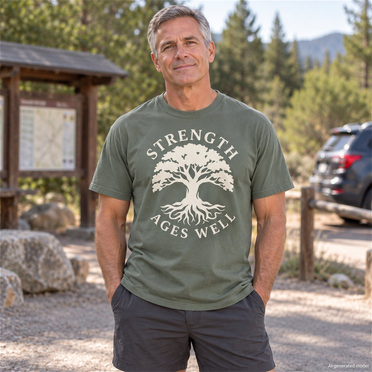 Strength Ages Well strength training t-shirt with tree of life design symbolizing deep roots and growth – Moss. Hike car park in the background.