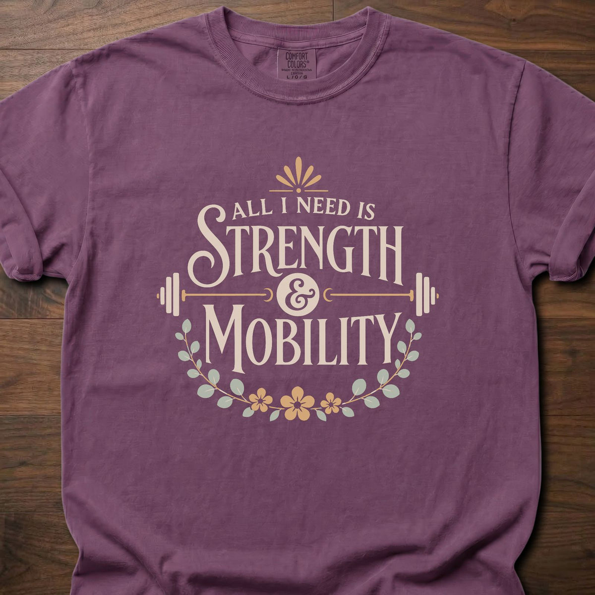 Strength And Mobility strength training t-shirt with vintage botanical typographic graphic – Berry