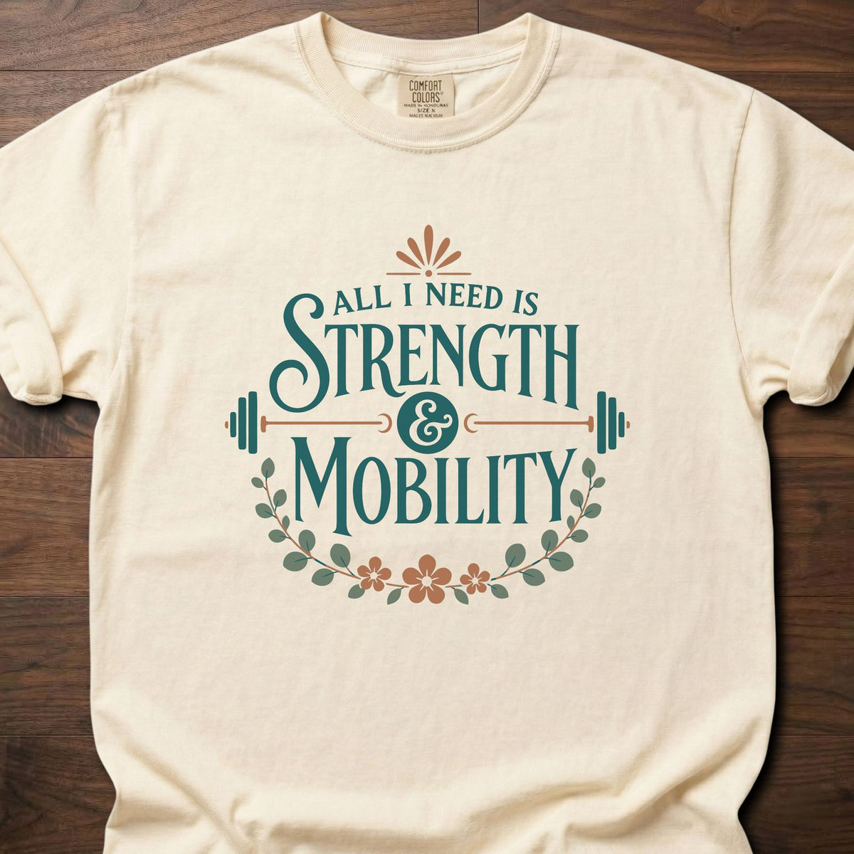 Strength And Mobility strength training t-shirt with vintage botanical typographic graphic – Ivory