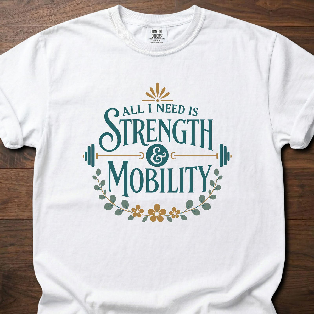 Strength And Mobility strength training t-shirt with vintage botanical typographic graphic – White