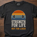 Strength For Life gym lifestyle shirt with retro sunset and dumbbell graphic – Black