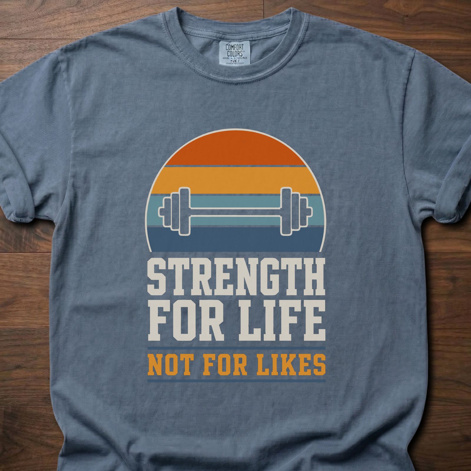 Strength For Life gym lifestyle shirt with retro sunset and dumbbell graphic – Blue Jean