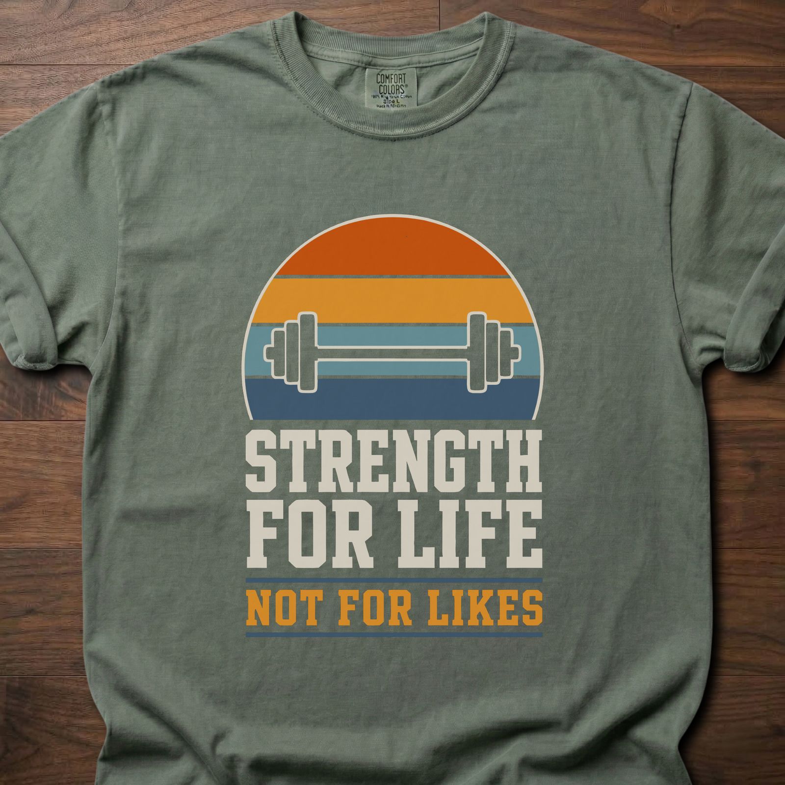 Strength For Life gym lifestyle shirt with retro sunset and dumbbell graphic – Moss