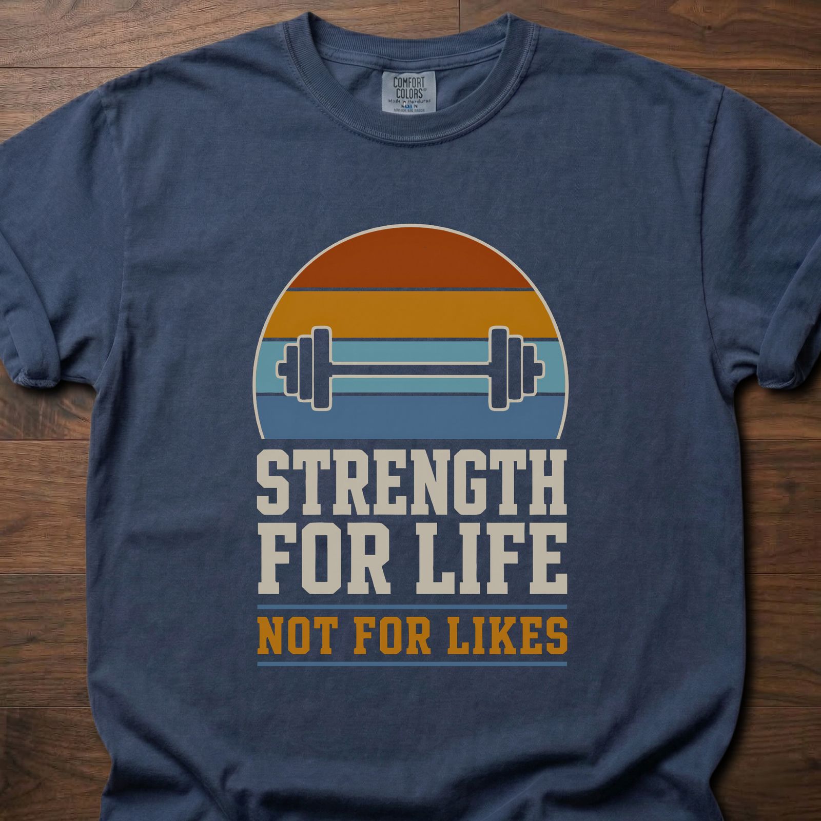 Strength For Life gym lifestyle shirt with retro sunset and dumbbell graphic – Navy