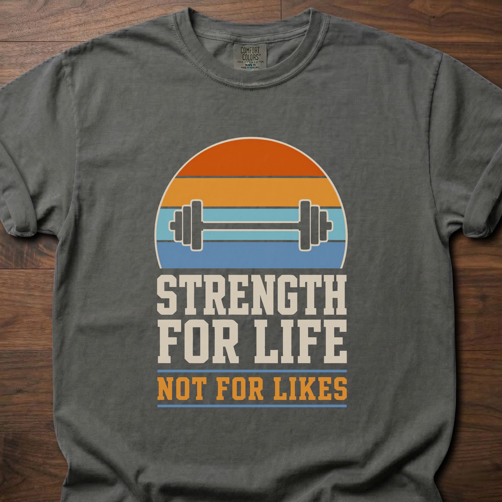 Strength For Life gym lifestyle shirt with retro sunset and dumbbell graphic – Pepper