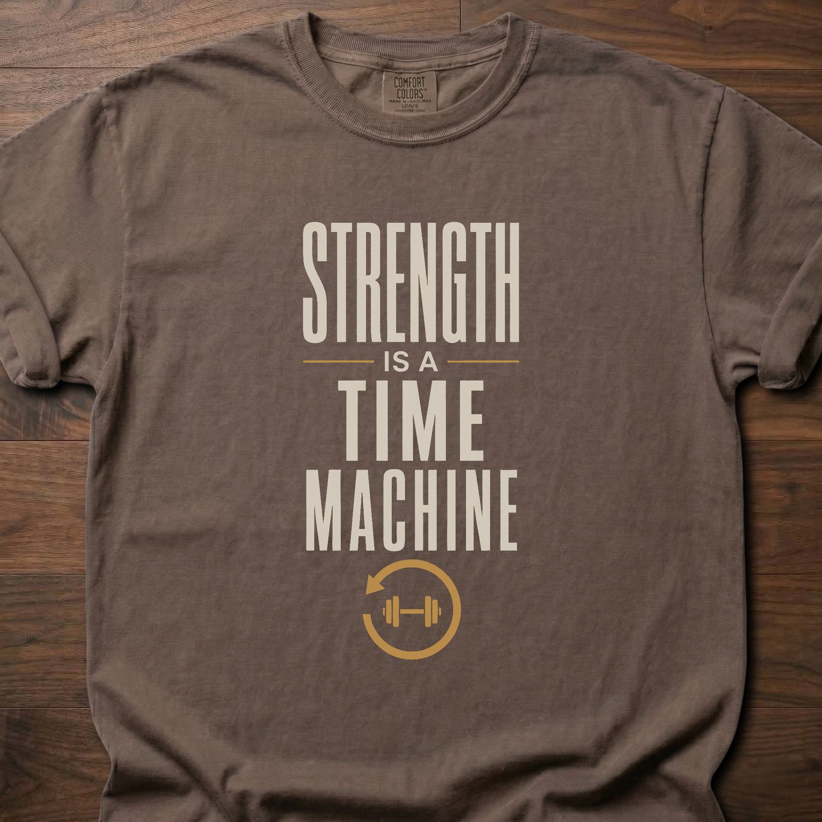 Strength Is A Time Machine strength training clothing with dumbbell and reverse-cycle graphic – Espresso