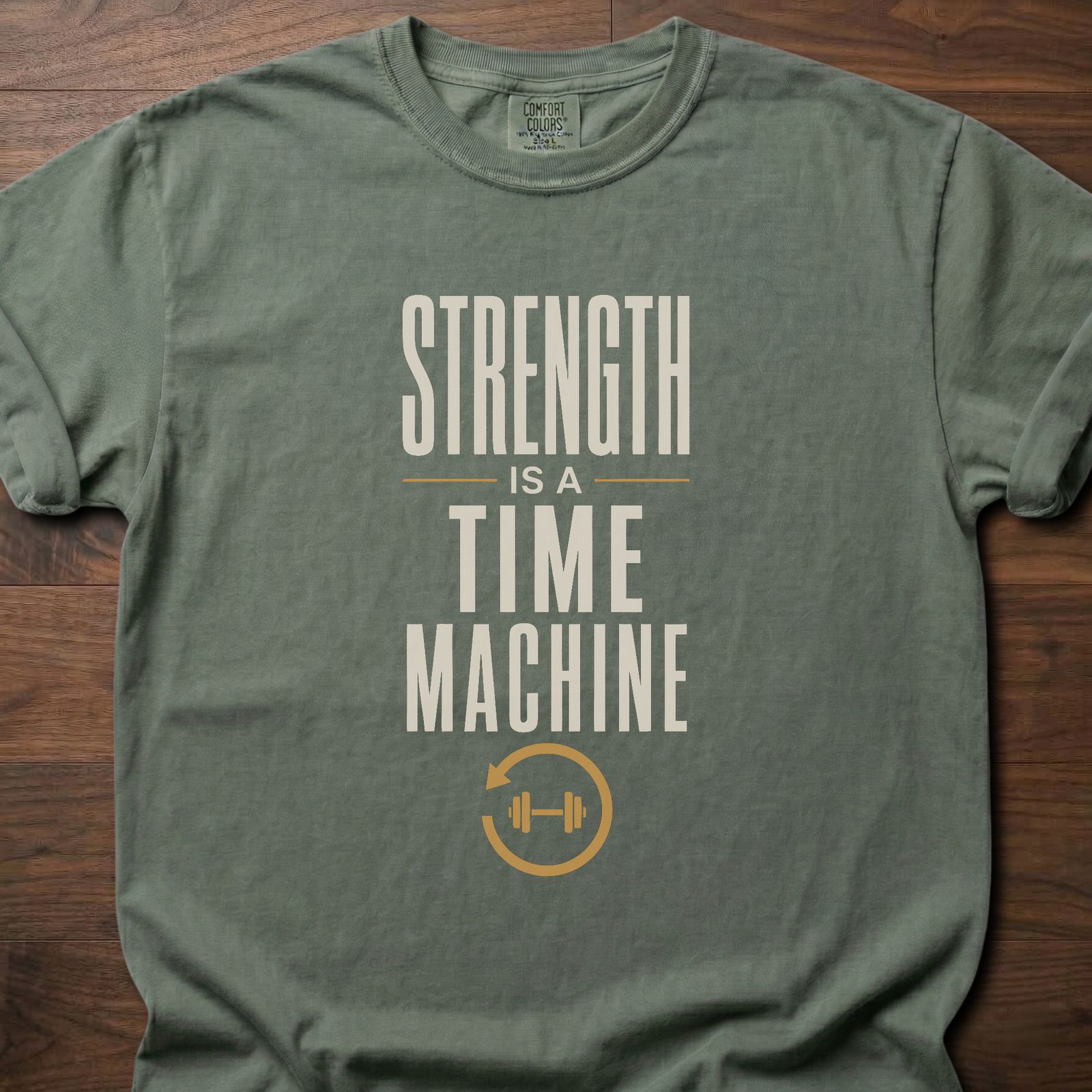 Strength Is A Time Machine strength training clothing with dumbbell and reverse-cycle graphic – Moss
