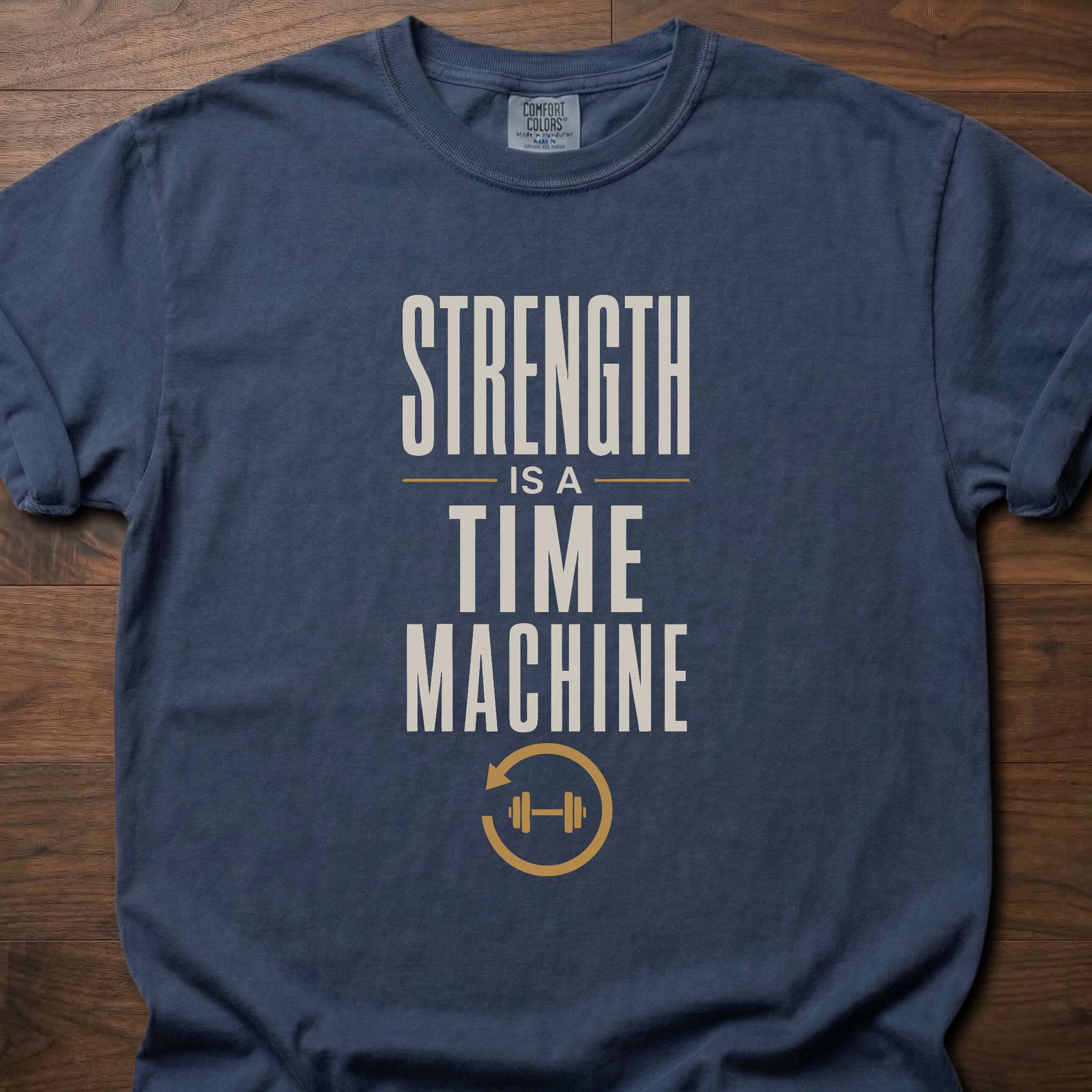 Strength Is A Time Machine strength training clothing with dumbbell and reverse-cycle graphic – Navy