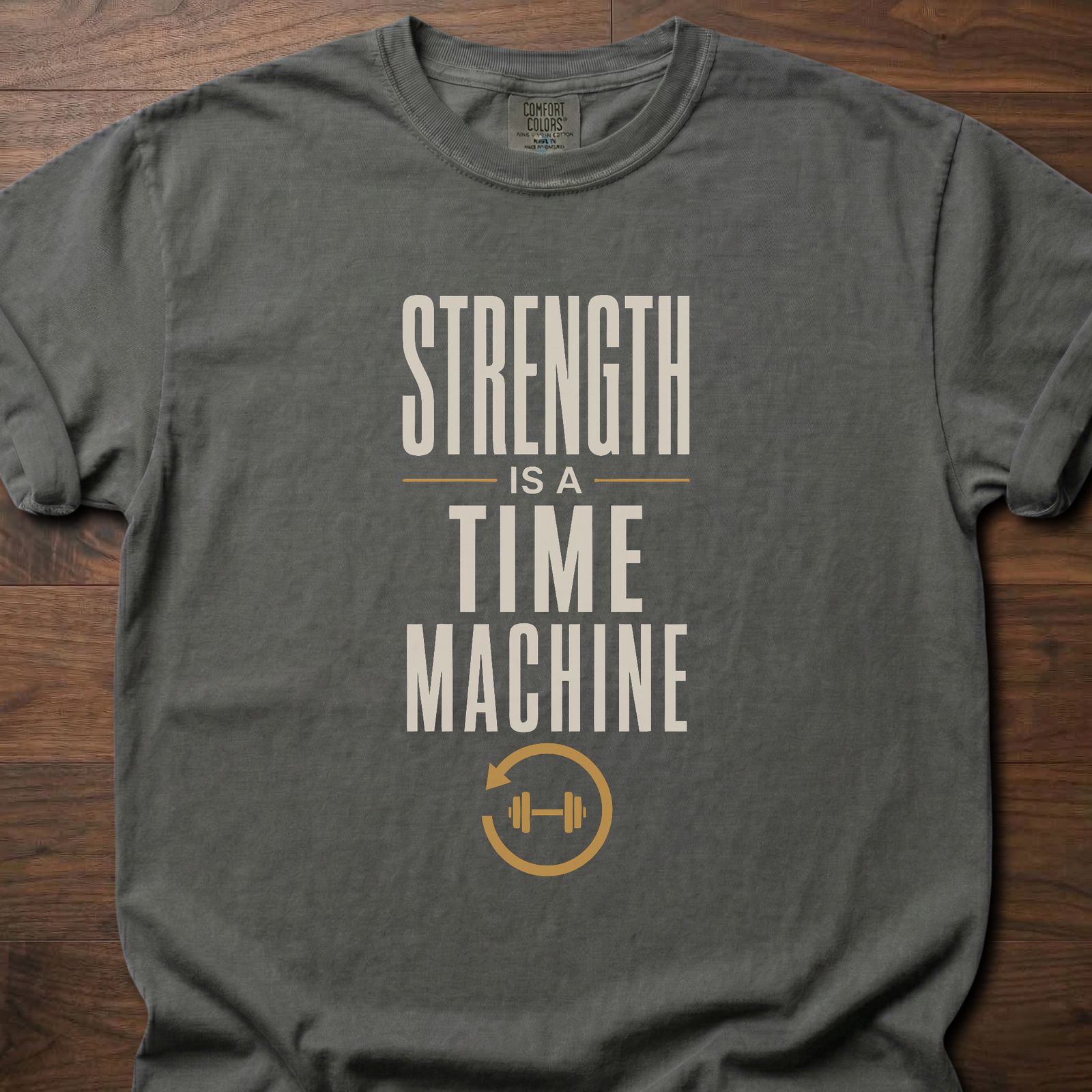 Strength Is A Time Machine strength training clothing with dumbbell and reverse-cycle graphic – Pepper