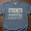 Strength Mobility Longevity strength training lifestyle clothing with bold typography design – Blue Jean