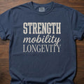 Strength Mobility Longevity strength training lifestyle clothing with bold typography design – Navy