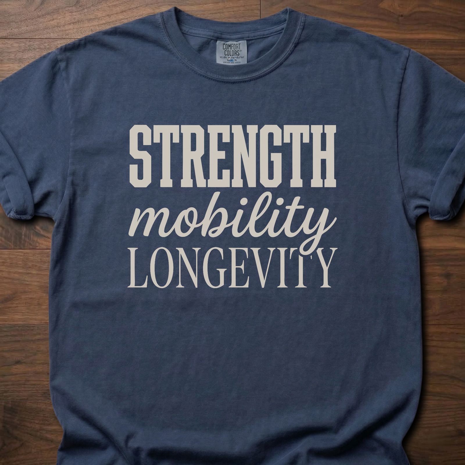 Strength Mobility Longevity strength training lifestyle clothing with bold typography design – Navy