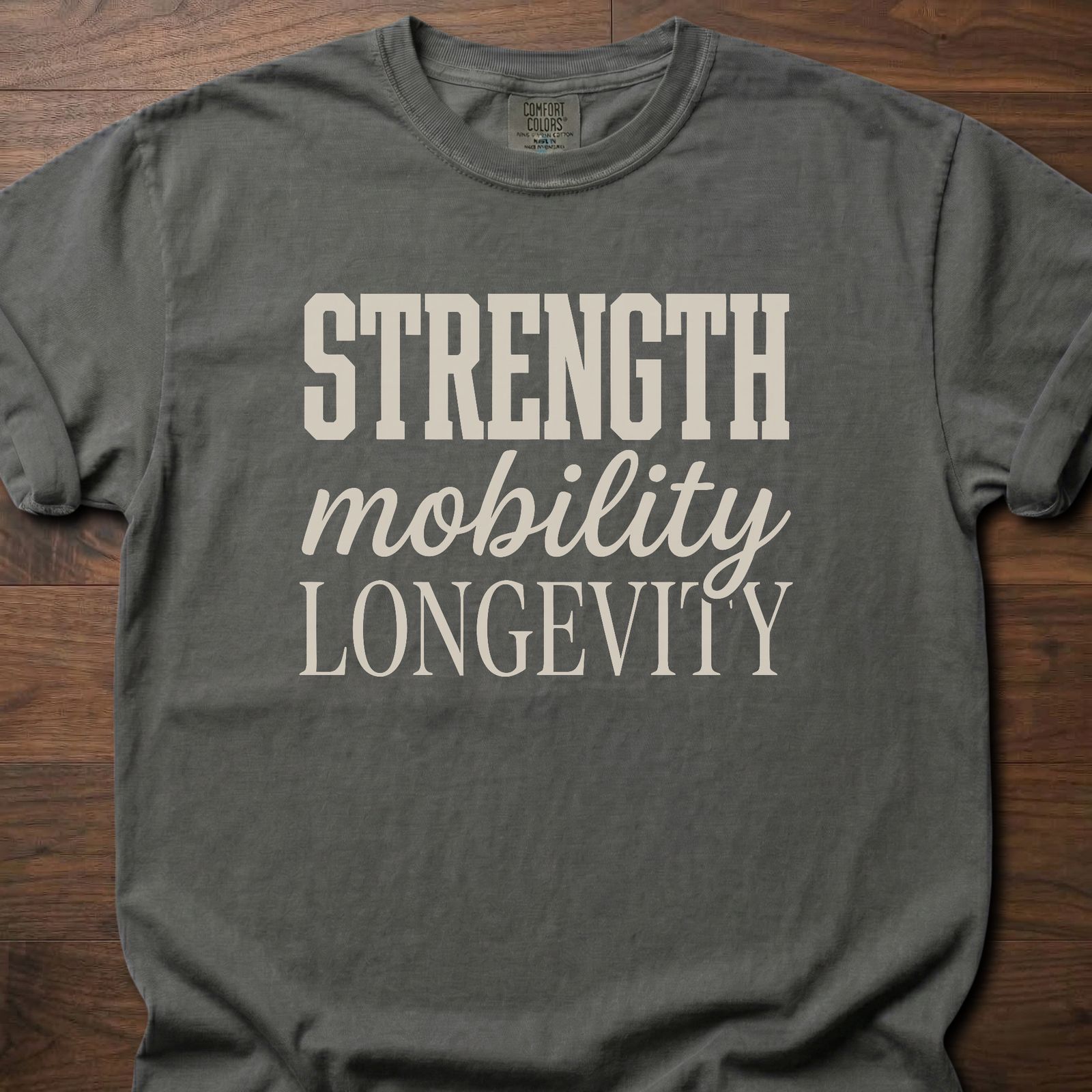 Strength Mobility Longevity strength training lifestyle clothing with bold typography design – Pepper