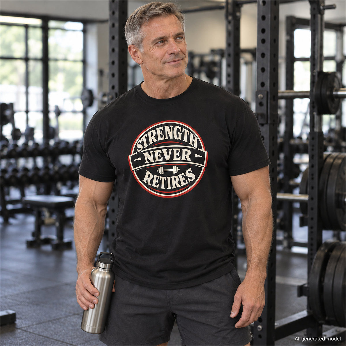 Strength Never Retires fitness lifestyle apparel shirt with circular badge and barbell design – Black. Male lifestyle model in gym