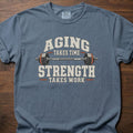 Strength Takes Work strength training t-shirt with bold vintage varsity-style graphic – Blue Jean