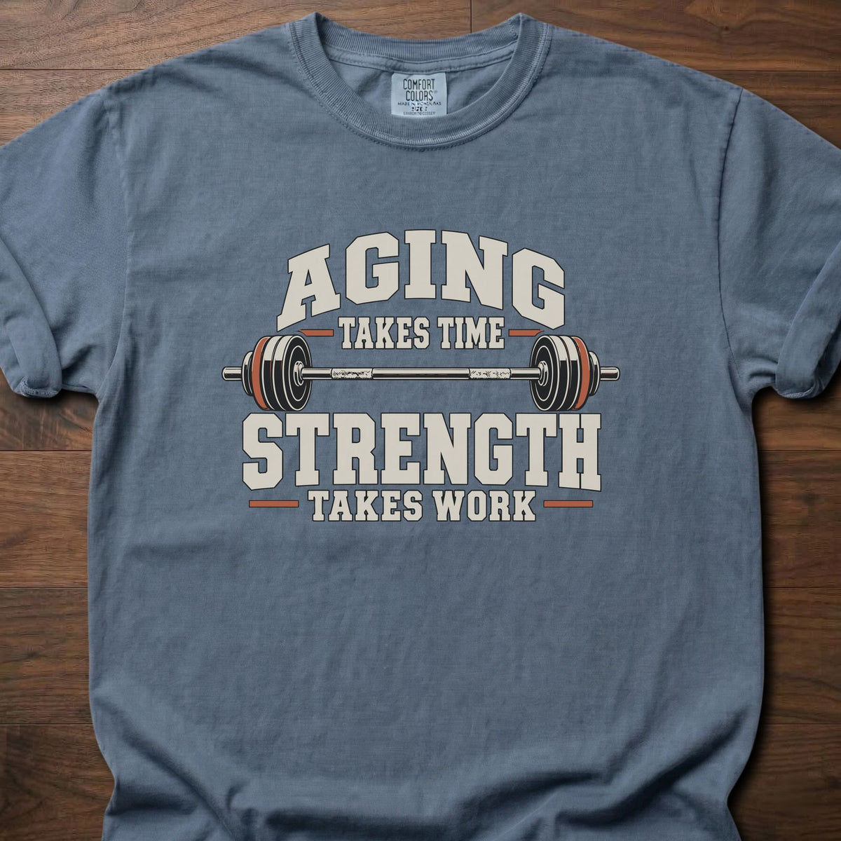 Strength Takes Work strength training t-shirt with bold vintage varsity-style graphic – Blue Jean