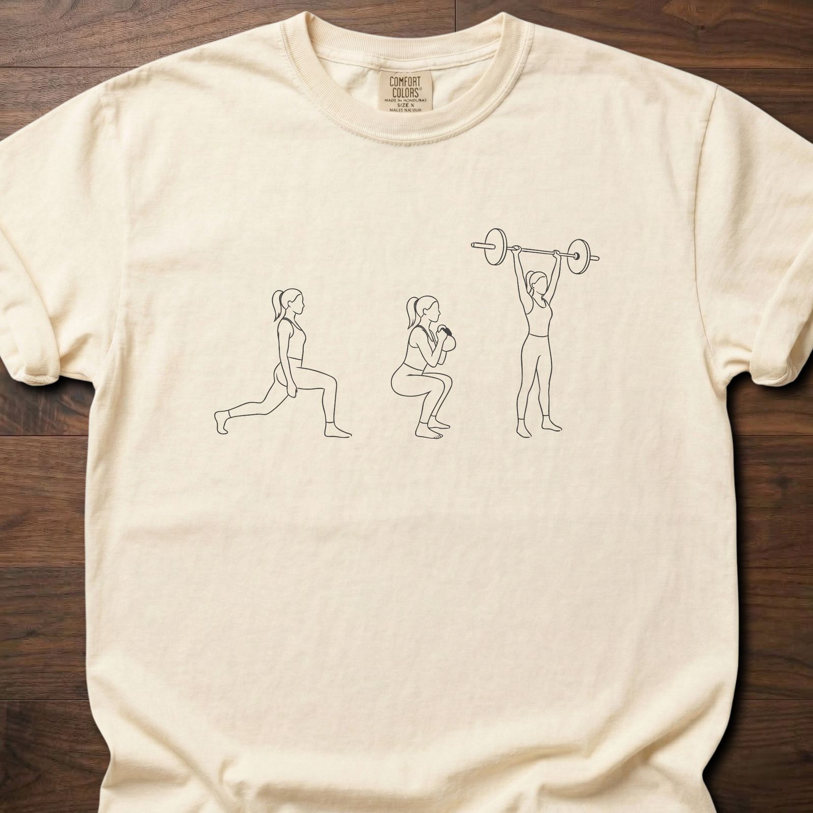 Strength You Can Use gym lifestyle shirt showing progression from lunge to squat to overhead press – Ivory