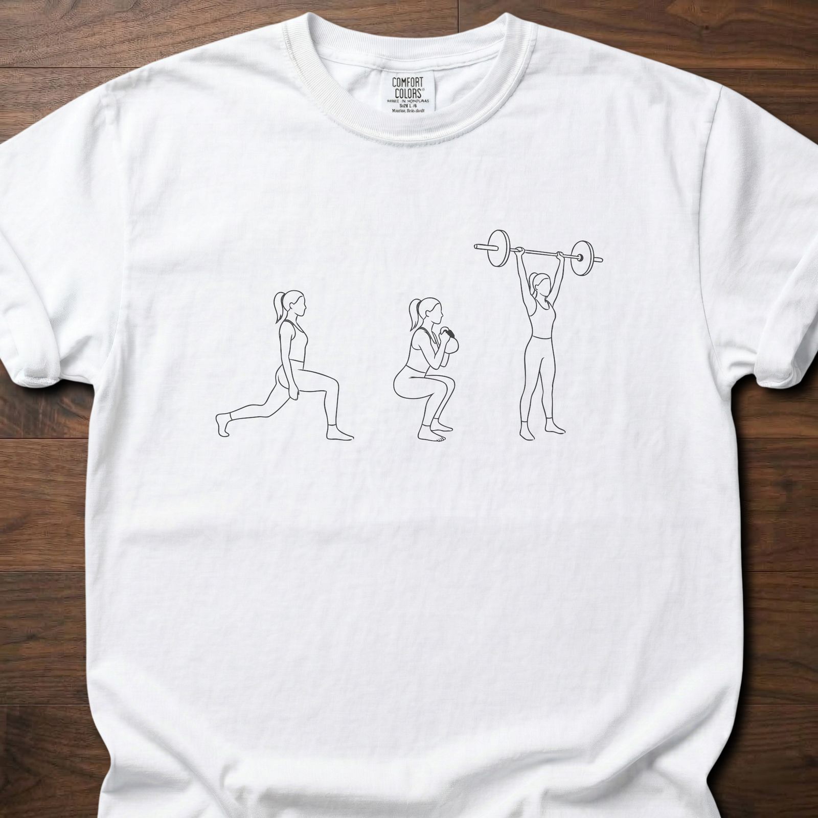 Strength You Can Use gym lifestyle shirt showing progression from lunge to squat to overhead press – White