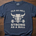 Strong As A Bull funny gym shirt with bold vintage-style block graphic – Navy