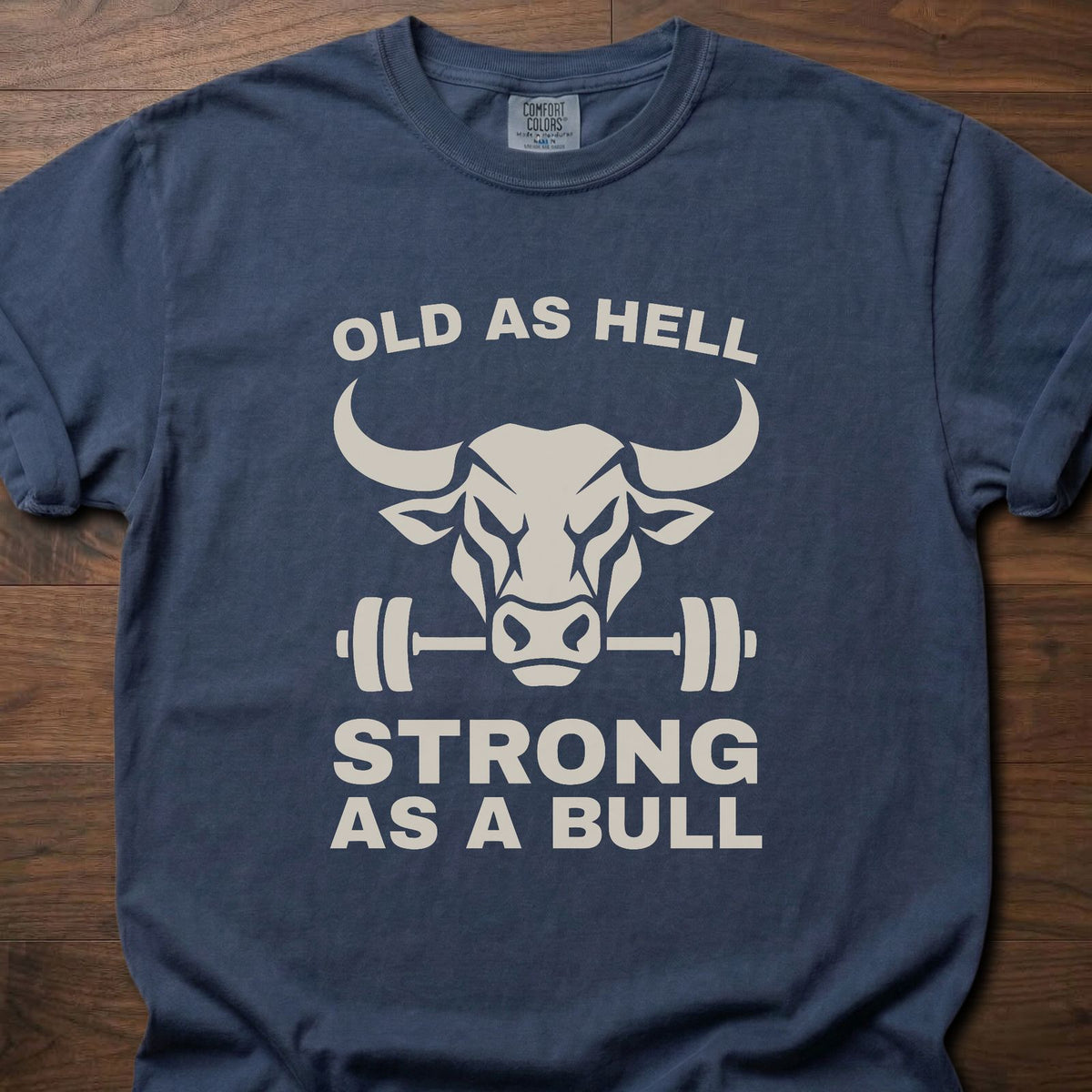 Strong As A Bull funny gym shirt with bold vintage-style block graphic – Navy