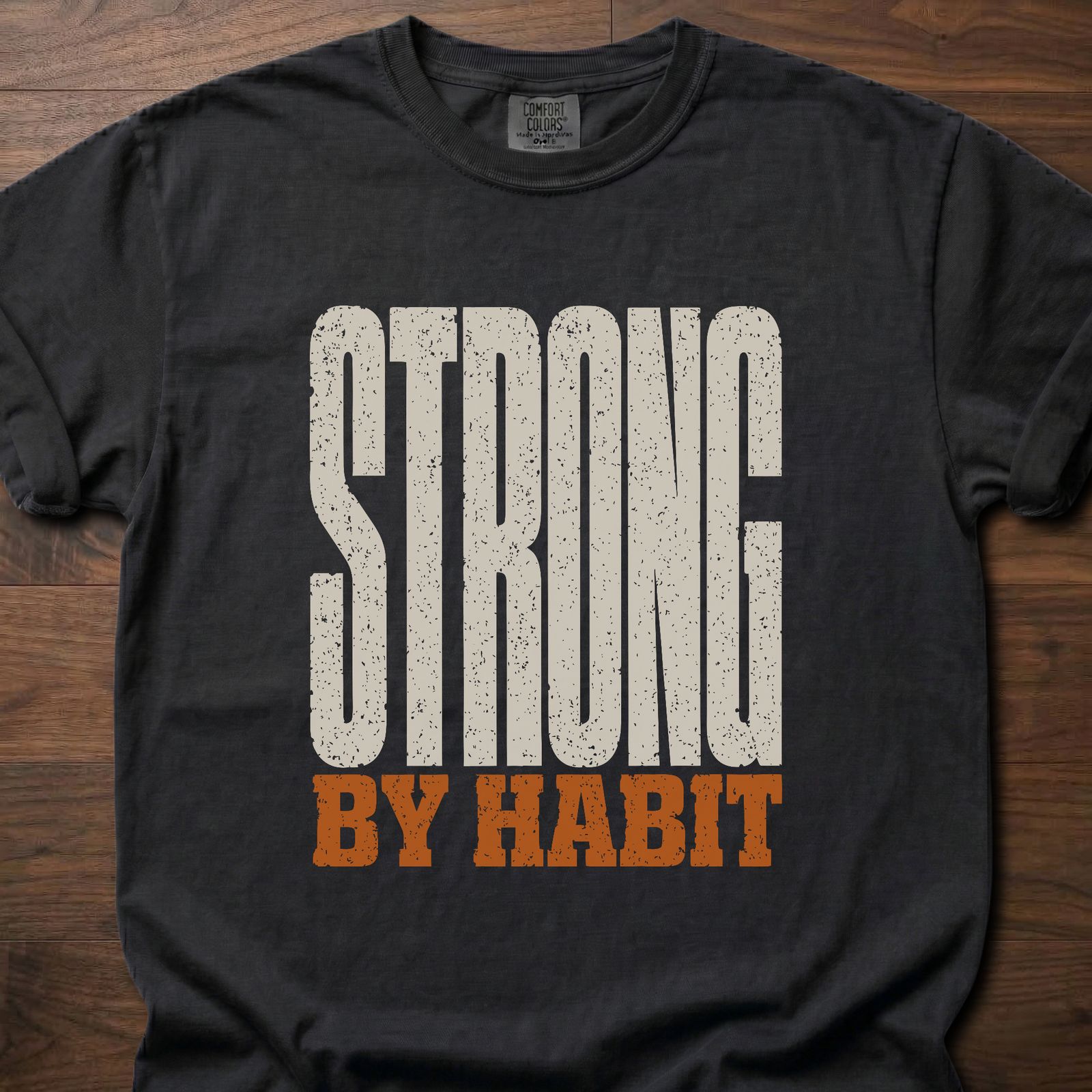 Strong By Habit longevity fitness apparel tee with bold distressed stacked typography – Black
