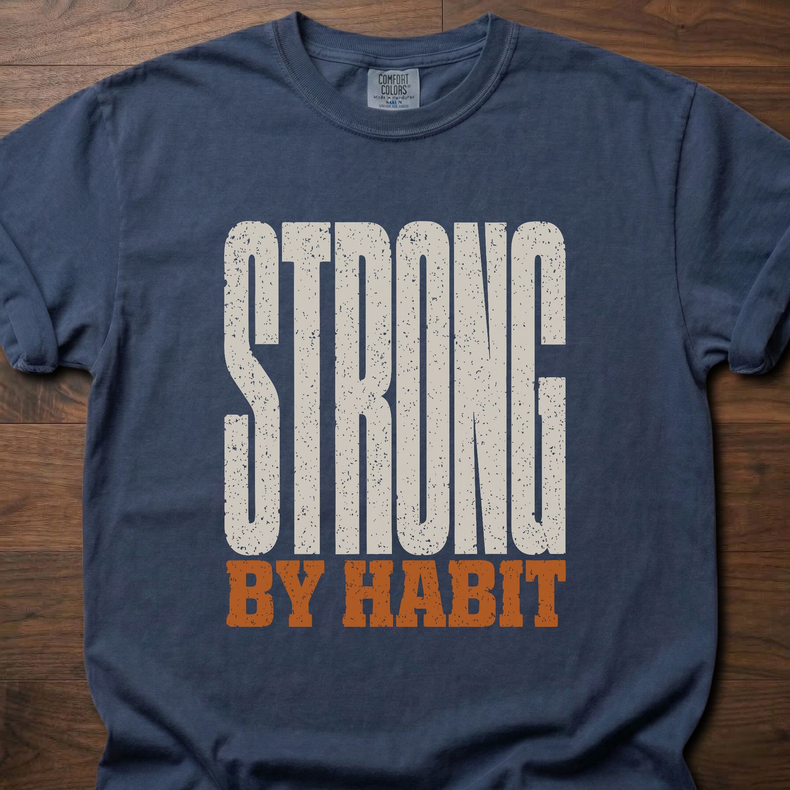 Strong By Habit longevity fitness apparel tee with bold distressed stacked typography – Navy