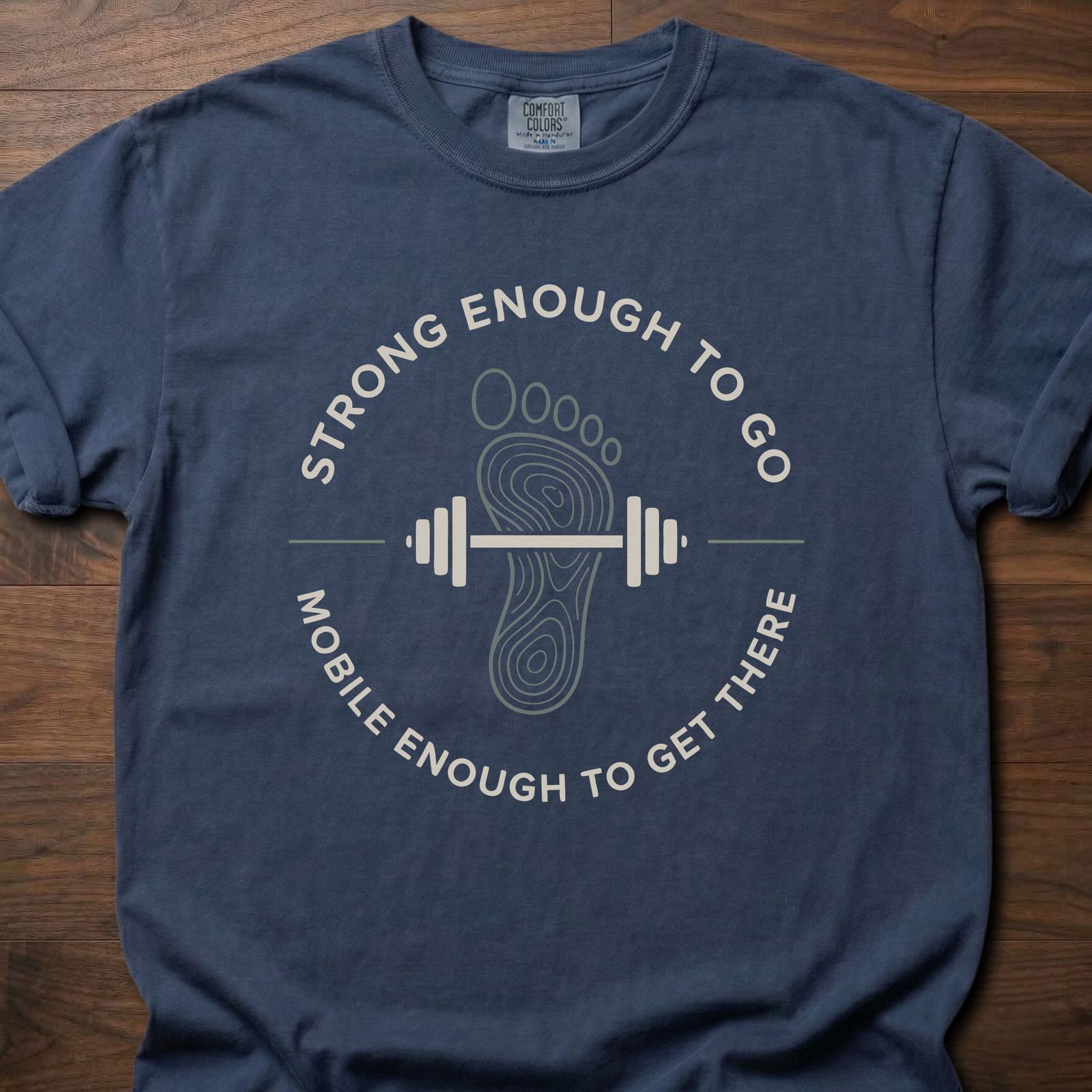 Strong Enough To Go strength training lifestyle clothing with footprint barbell design – Navy