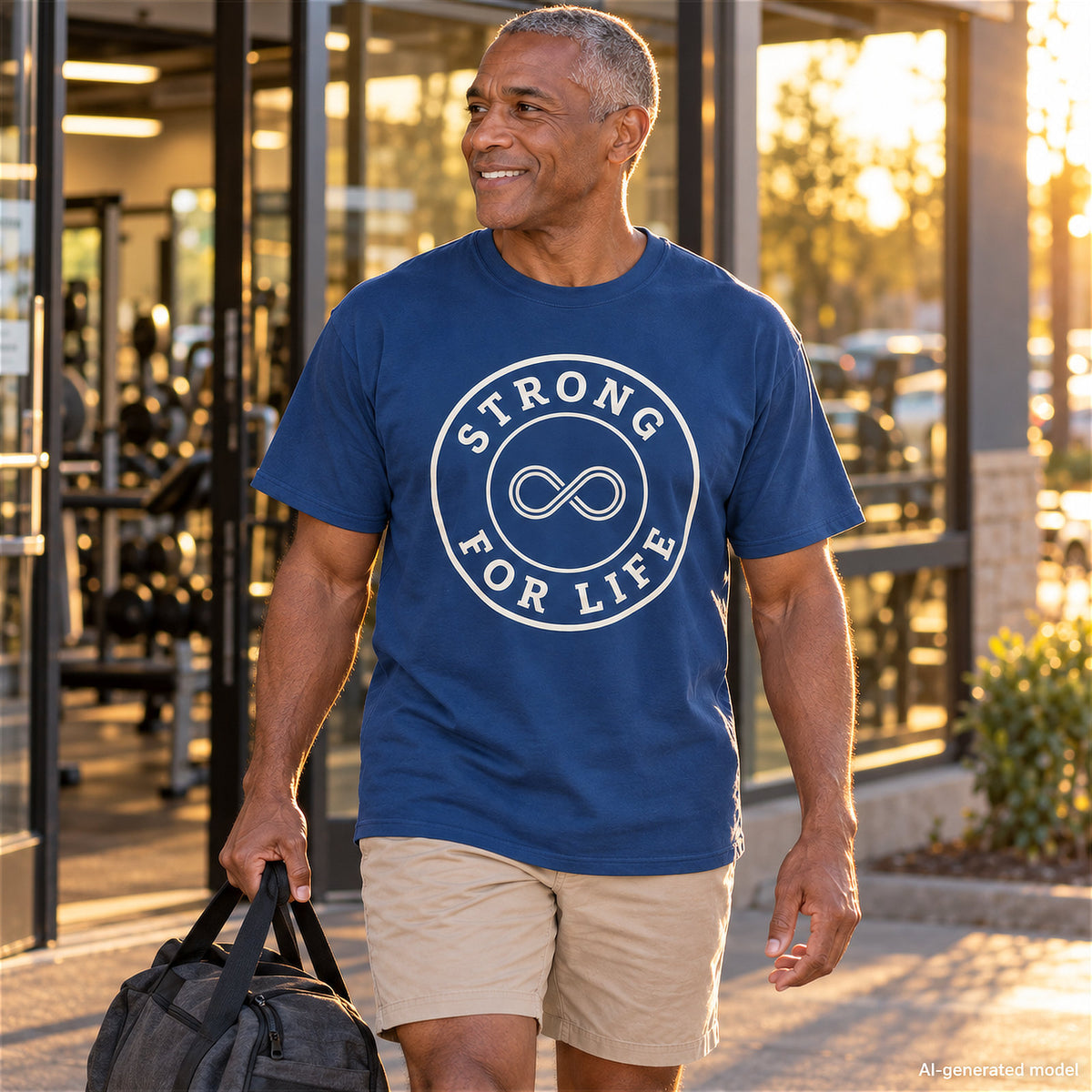 Strong For Life strength training t-shirt with infinity symbol and circular badge design – Navy. Male lifestye photo, leaving the gym during golden hour