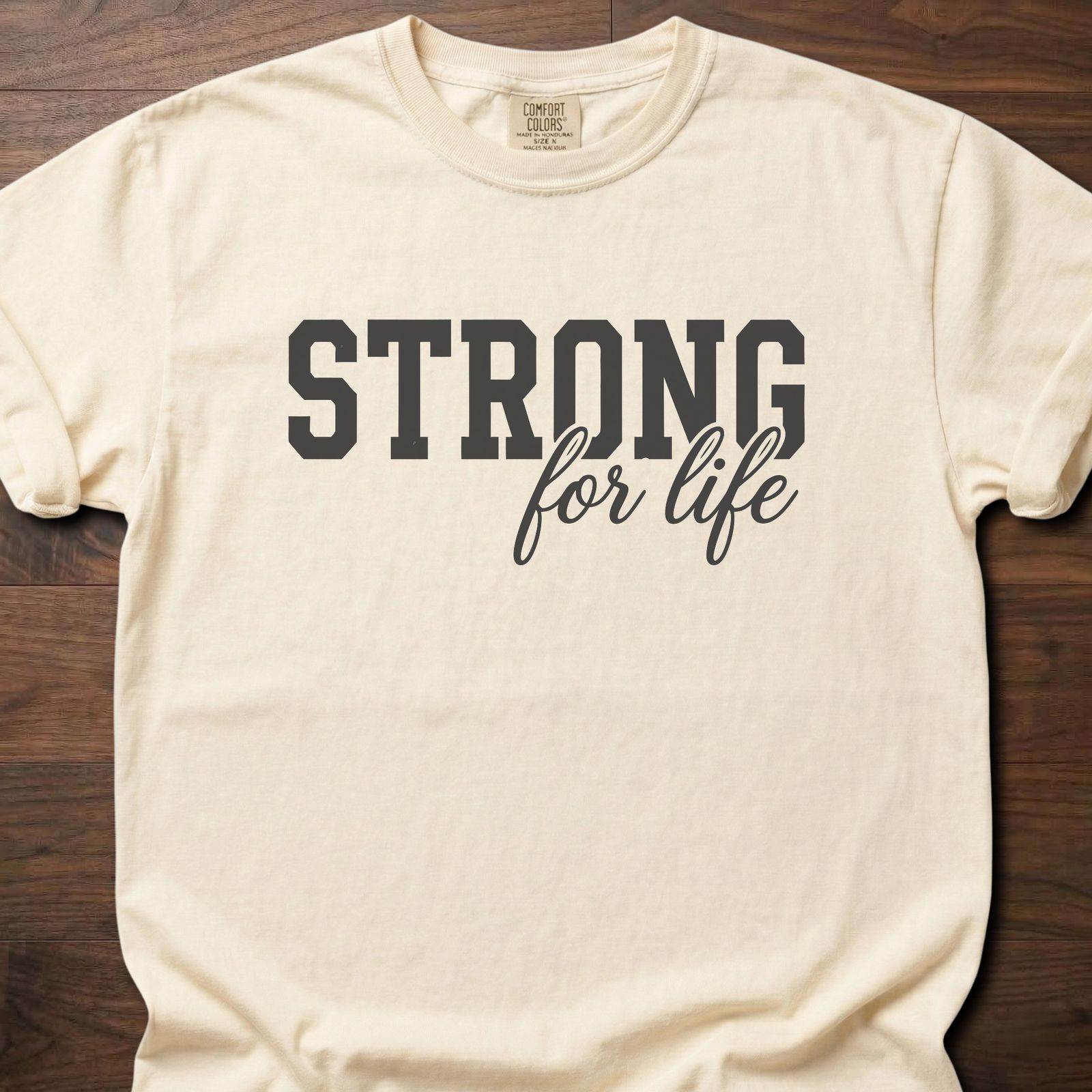 Strong For Life Script strength training t-shirt with bold typography and cursive accent – Ivory