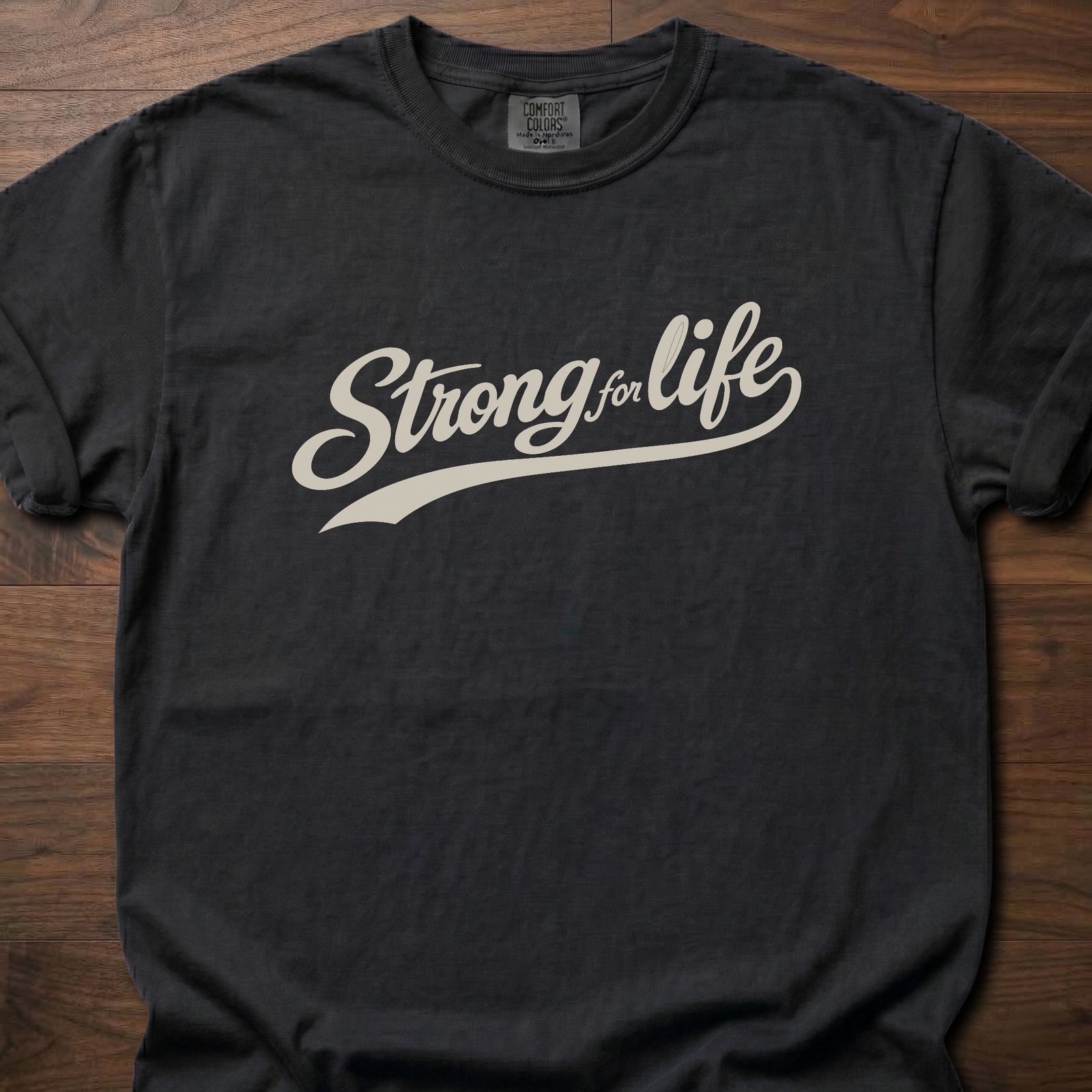Strong For Life Swash longevity fitness apparel with script lettering design – Black