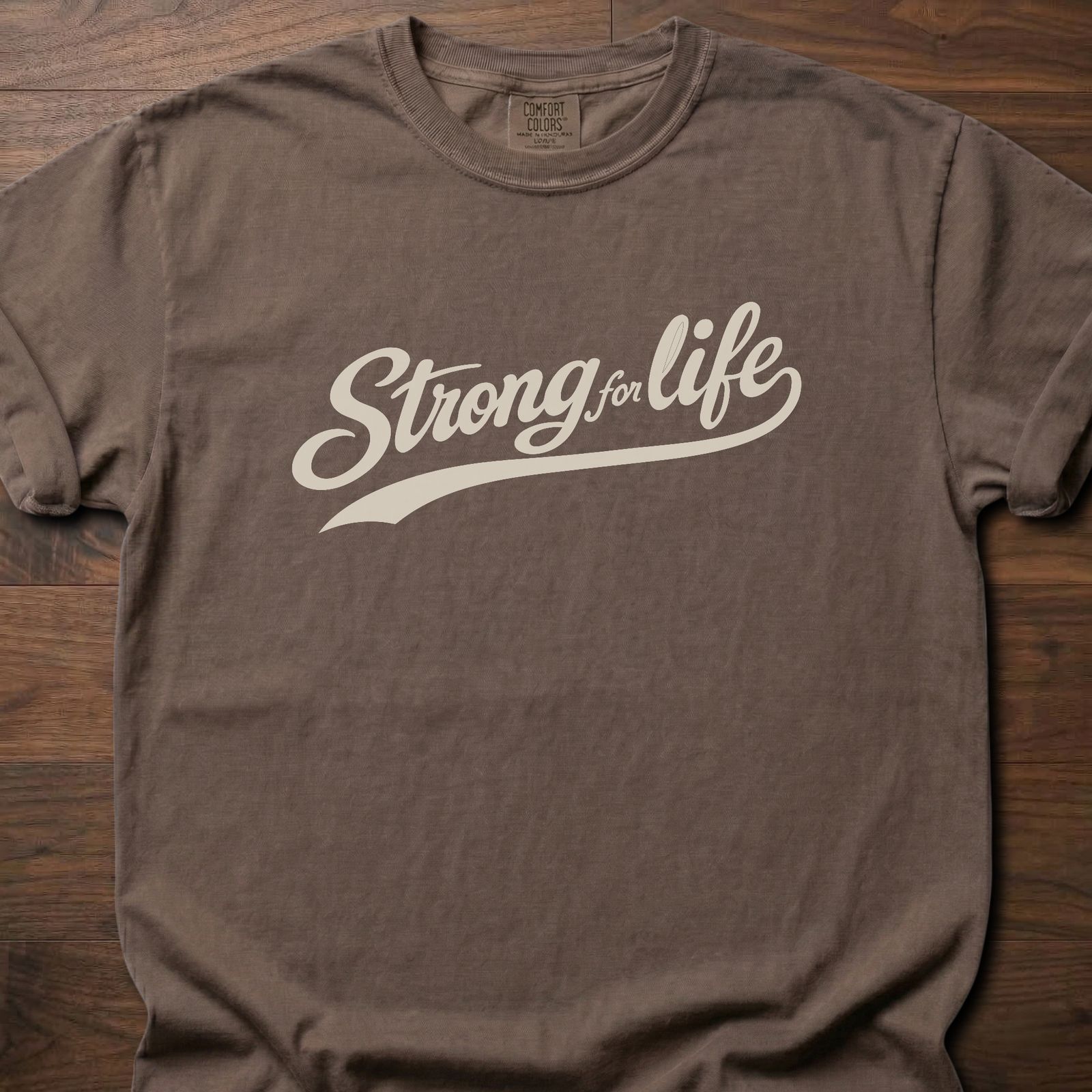 Strong For Life Swash longevity fitness apparel with script lettering design – Espresso