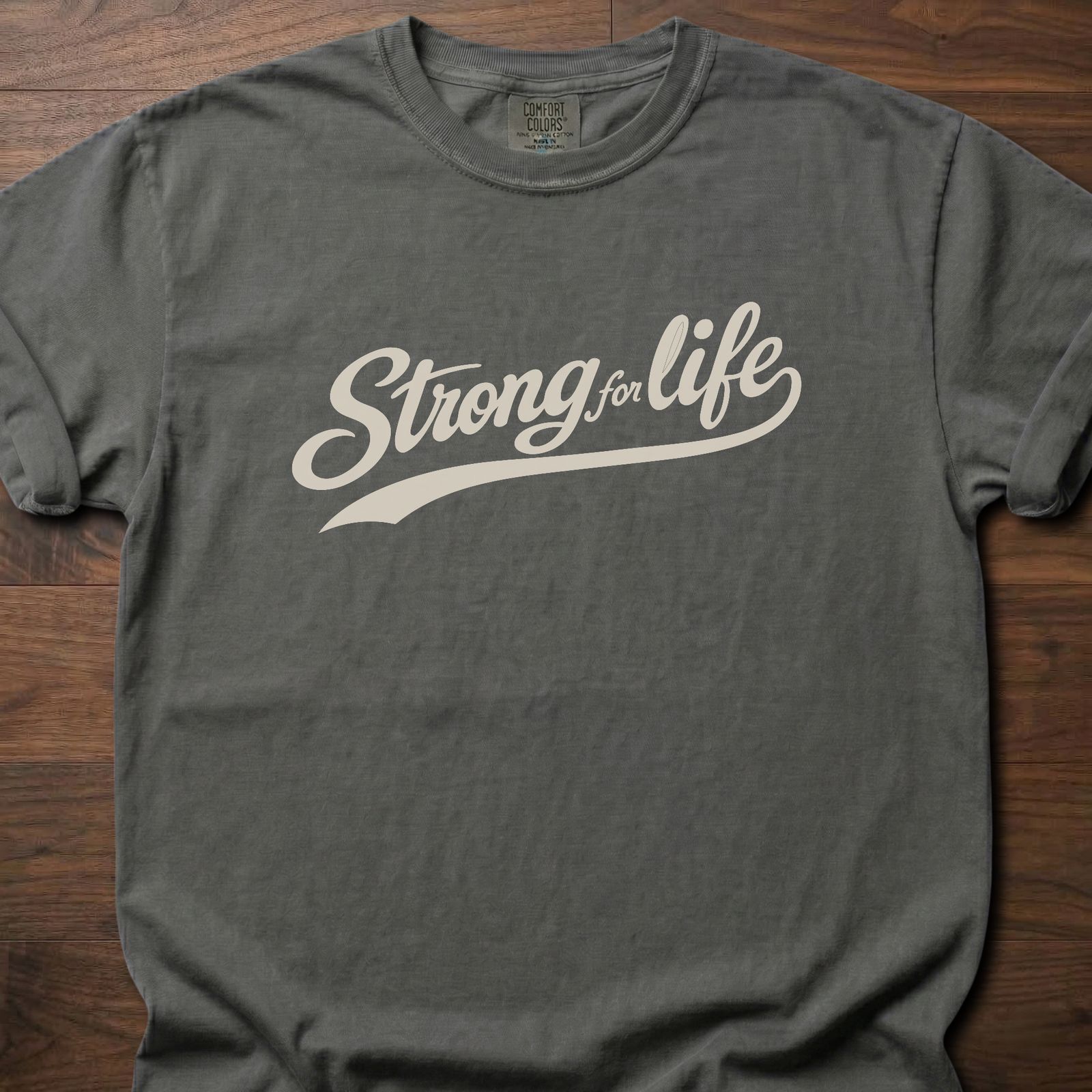 Strong For Life Swash longevity fitness apparel with script lettering design – Pepper