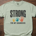 Strong For My Grandkids Handprints fitness lifestyle apparel tee with three colorful kids' handprints – Bay