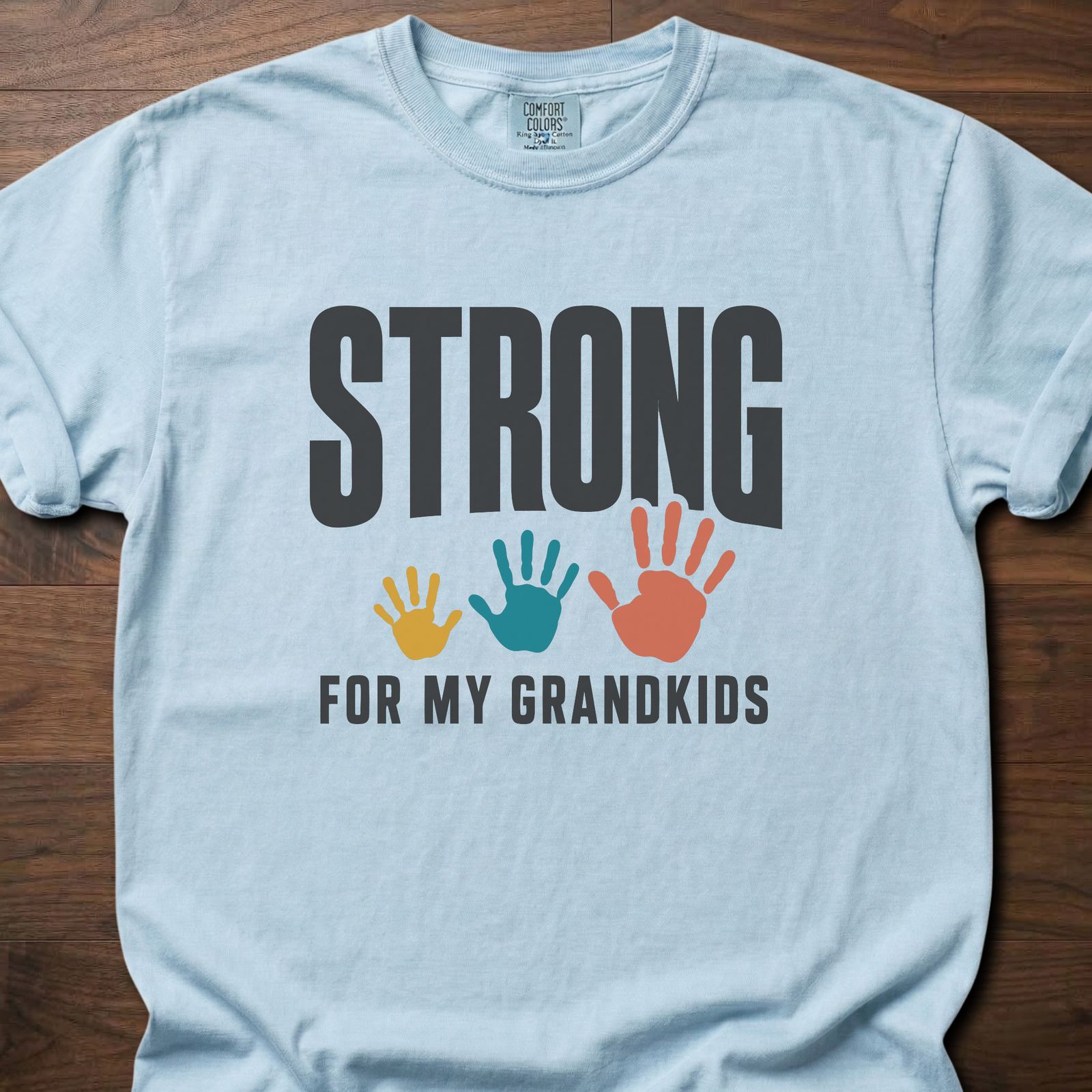 Strong For My Grandkids Handprints fitness lifestyle apparel tee with three colorful kids' handprints – Chambray