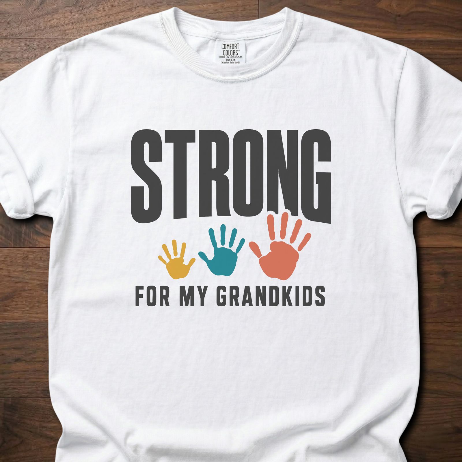 Strong For My Grandkids Handprints fitness lifestyle apparel tee with three colorful kids' handprints – White