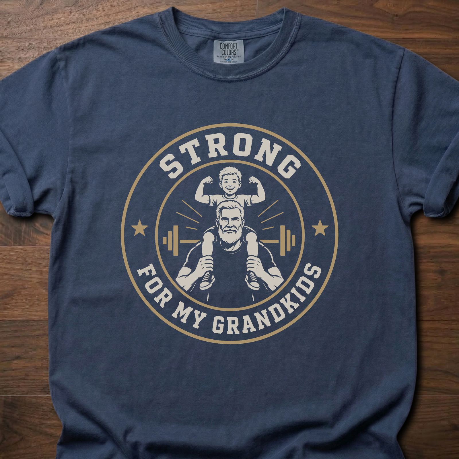 Strong For My Grandkids gym lifestyle shirt featuring grandfather carrying child with barbell and stars – Navy