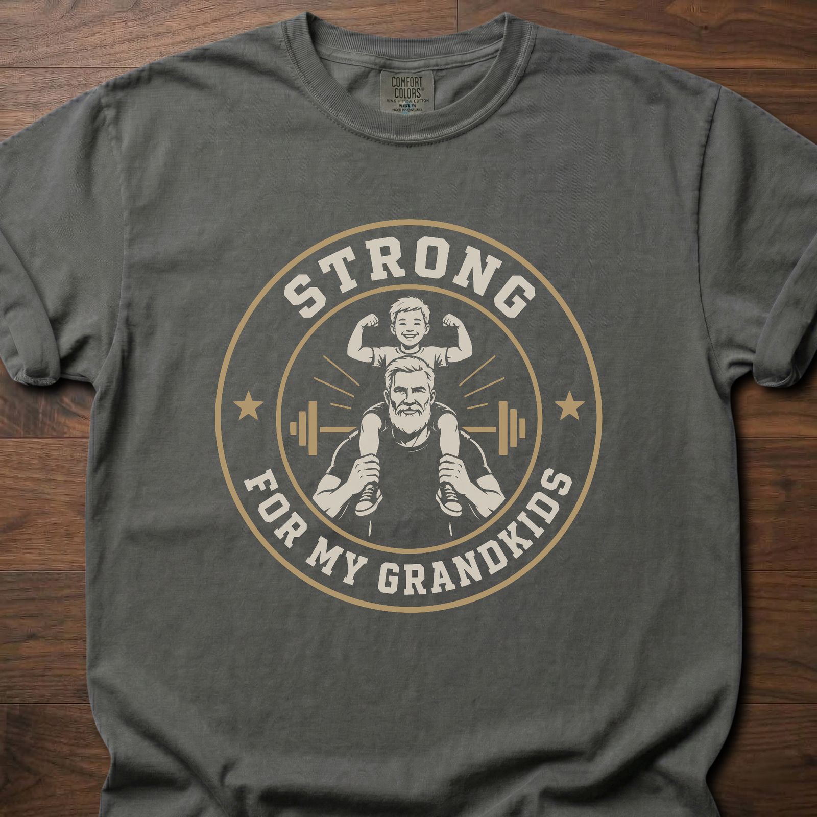 Strong For My Grandkids gym lifestyle shirt featuring grandfather carrying child with barbell and stars – Pepper
