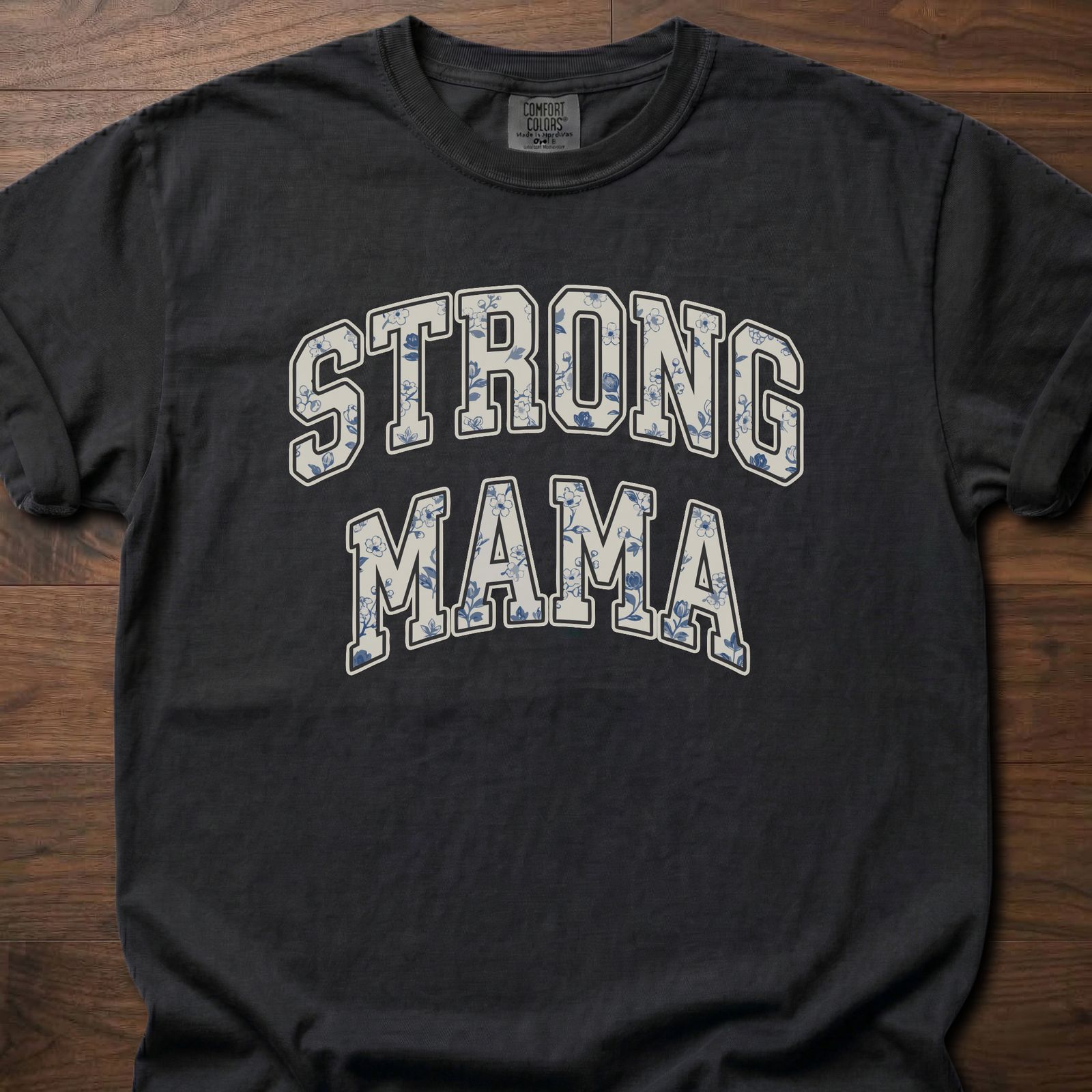 Strong Mama strength training t-shirt with vintage varsity lettering design – Black