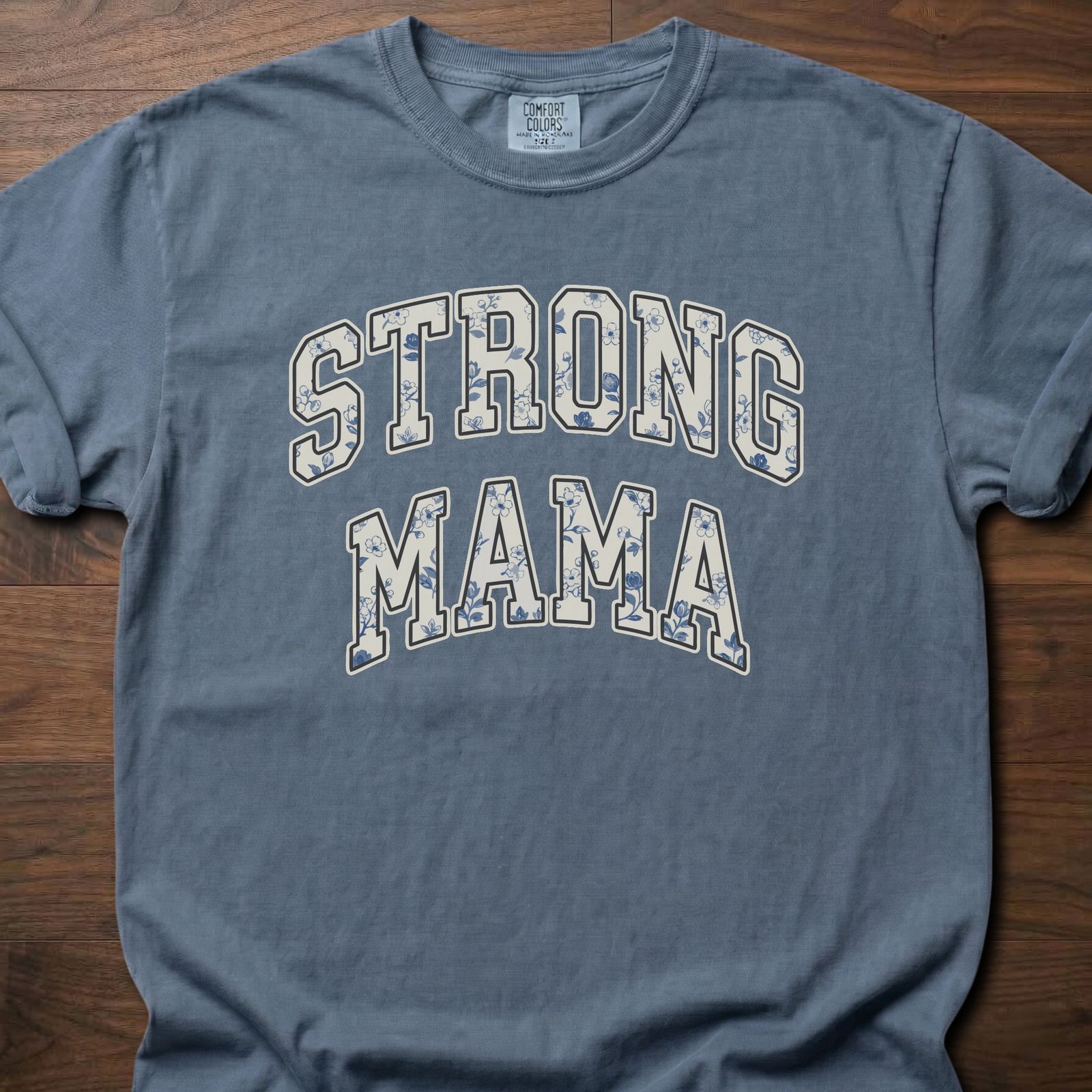 Strong Mama strength training t-shirt with vintage varsity lettering design – Blue Jean
