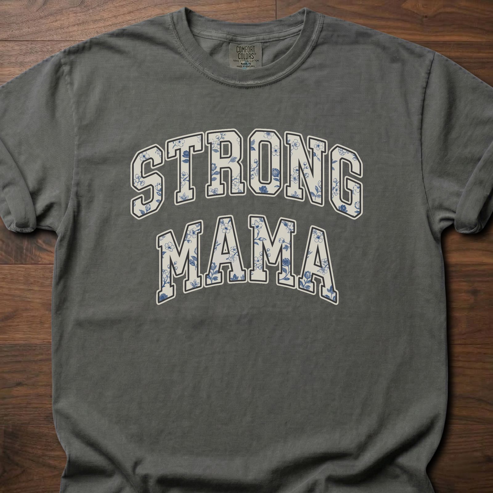 Strong Mama strength training t-shirt with vintage varsity lettering design – Pepper