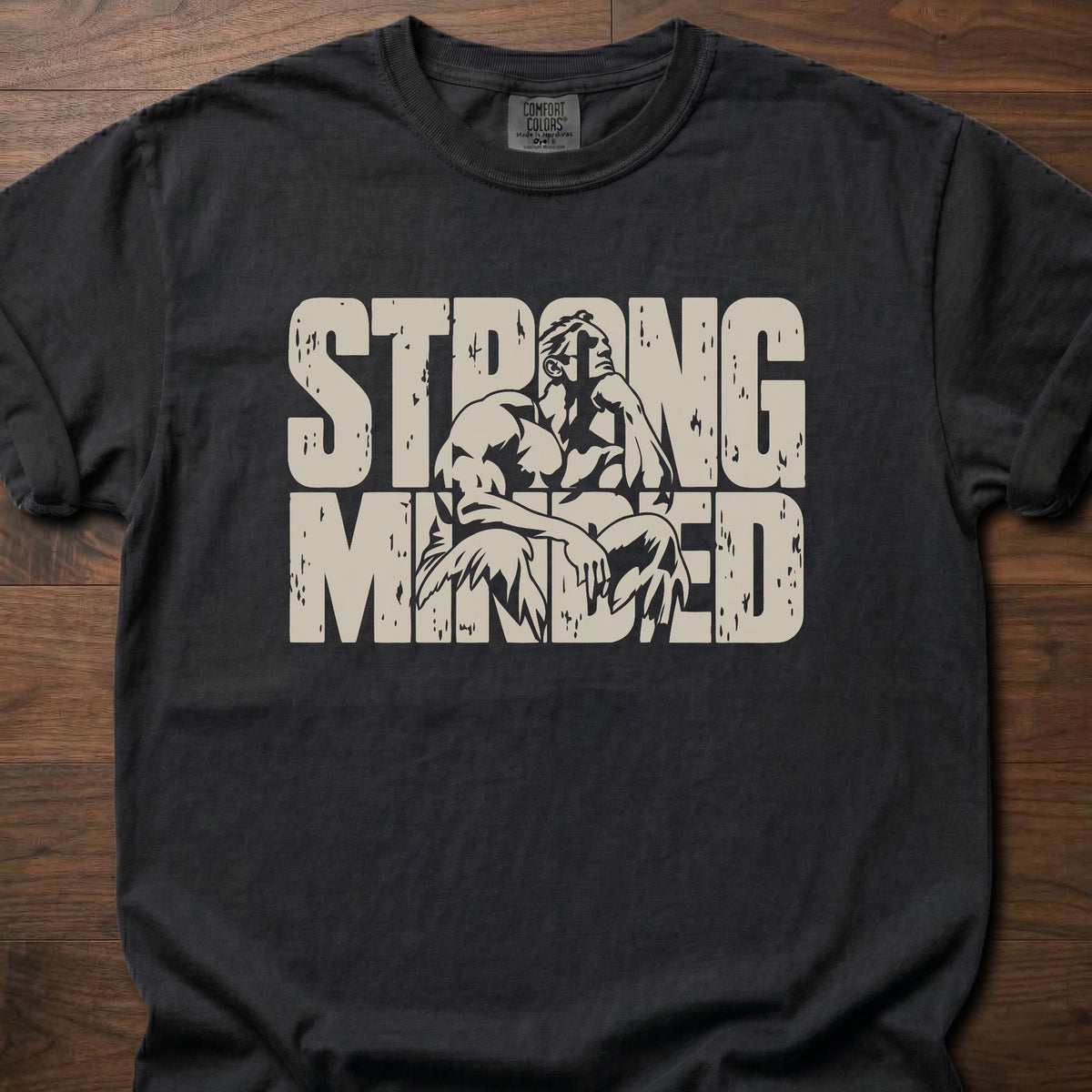 Strong Minded strength training t-shirt with bold distressed block letter graphic – Black