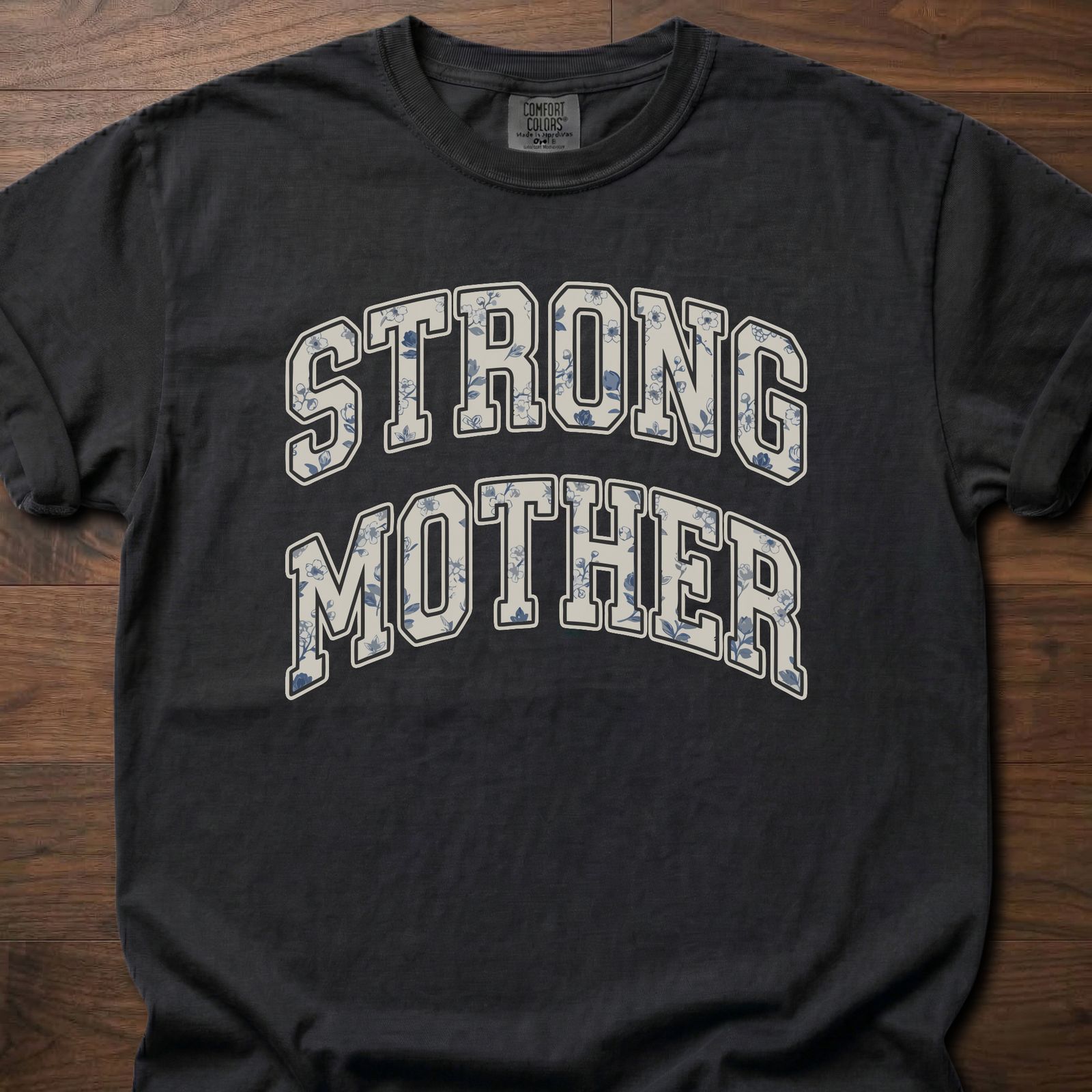 Strong Mother strength training t-shirt with bold varsity lettering design – Black